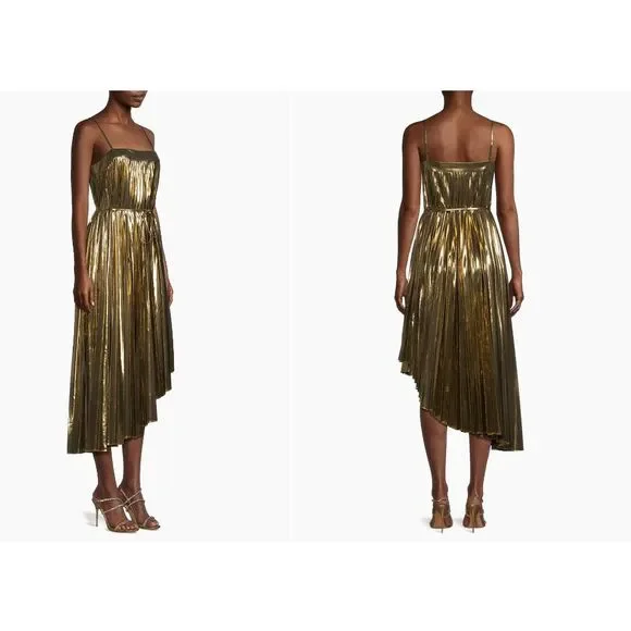 Milly Gold metallic Pleated Midi Dress Sz 10 - Picture 2 of 11